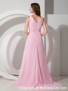 Baby Pink Empire Brush Train V-neck Beaded Prom Pageant Dress