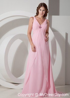 Baby Pink Empire Brush Train V-neck Beaded Prom Pageant Dress