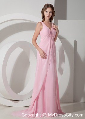 Baby Pink Empire Brush Train V-neck Beaded Prom Pageant Dress