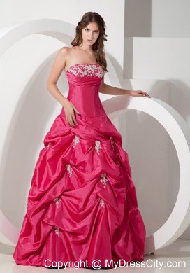 Popular Hot Pink A-line Strapless Appliques Pageant Dress