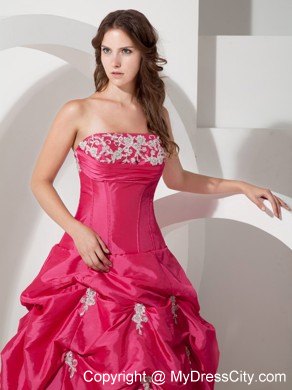 Popular Hot Pink A-line Strapless Appliques Pageant Dress