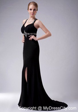 Black A-Line Long Pageant Dress with Beading and Side Slit