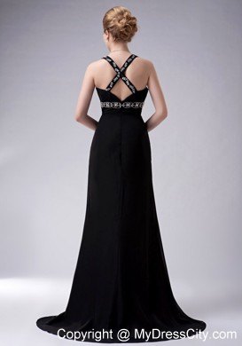 Black A-Line Long Pageant Dress with Beading and Side Slit