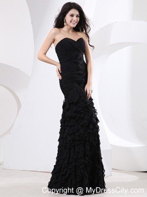 Long Black Sweetheart Prom for Pageant with Ruches and Ruffles