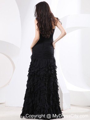 Long Black Sweetheart Prom for Pageant with Ruches and Ruffles