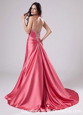 Beaded Sweetheart Brush Train Halter Pageant Gown With Pleats