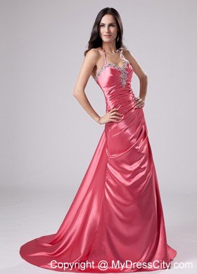 Beaded Sweetheart Brush Train Halter Pageant Gown With Pleats