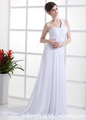 Flowery One Shoulder Sweep Train White Pageant Gown