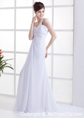 Flowery One Shoulder Sweep Train White Pageant Gown