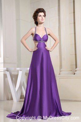 Backless Purple Glitz Pageant Dress with Beaded Straps