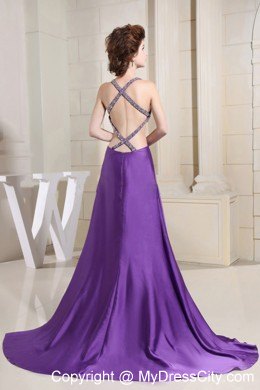 Backless Purple Glitz Pageant Dress with Beaded Straps