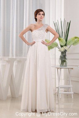 Long White Pageant Gown with Beaded One Shoulder