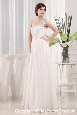 Long White Pageant Gown with Beaded One Shoulder