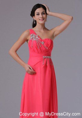 One Shoulder Pink Empire Floor-length Beaded Pageant Dress