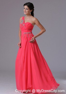 One Shoulder Pink Empire Floor-length Beaded Pageant Dress