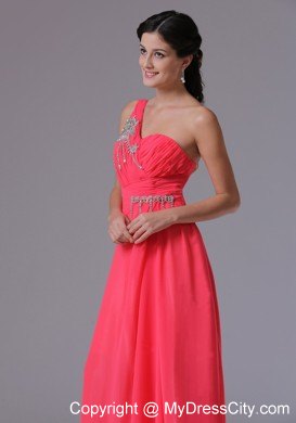 One Shoulder Pink Empire Floor-length Beaded Pageant Dress