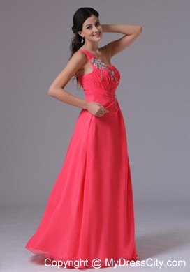 One Shoulder Pink Empire Floor-length Beaded Pageant Dress