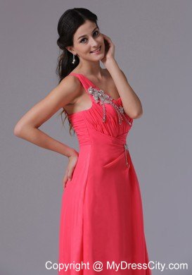 One Shoulder Pink Empire Floor-length Beaded Pageant Dress