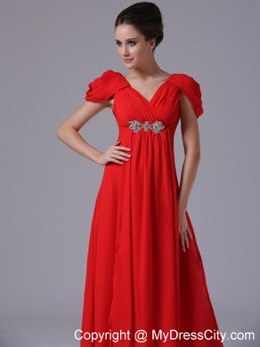 Long Red Ruched Pageant Dress with Beading and Cap Sleeves