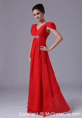 Long Red Ruched Pageant Dress with Beading and Cap Sleeves