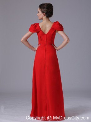 Long Red Ruched Pageant Dress with Beading and Cap Sleeves