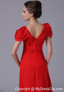 Long Red Ruched Pageant Dress with Beading and Cap Sleeves