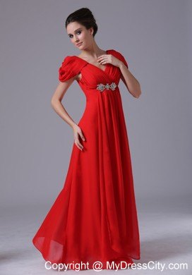 Long Red Ruched Pageant Dress with Beading and Cap Sleeves