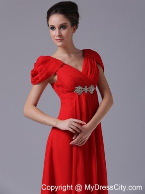 Long Red Ruched Pageant Dress with Beading and Cap Sleeves