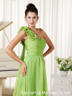 Spring Green One Flowery Shoulder Pageant Dress with Train