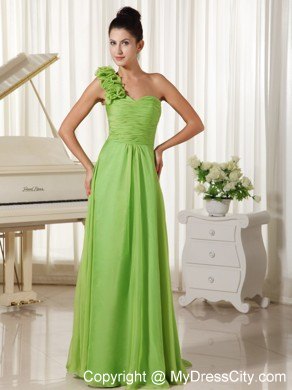 Spring Green One Flowery Shoulder Pageant Dress with Train