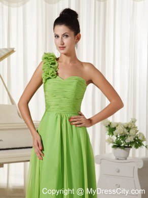 Spring Green One Flowery Shoulder Pageant Dress with Train