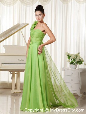 Spring Green One Flowery Shoulder Pageant Dress with Train