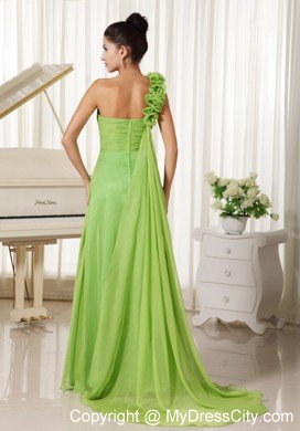 Spring Green One Flowery Shoulder Pageant Dress with Train