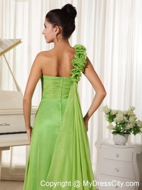 Spring Green One Flowery Shoulder Pageant Dress with Train