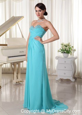 Beaded Sweetheart Aqua Blue Ruched Pageant Dress With Train