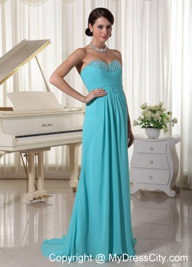 Beaded Sweetheart Aqua Blue Ruched Pageant Dress With Train