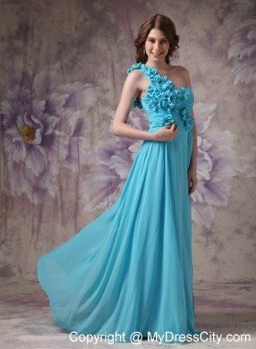 Romantic Blue Empire One Shoulder Ruched Flower Prom Dress