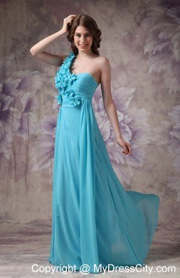 Romantic Blue Empire One Shoulder Ruched Flower Prom Dress