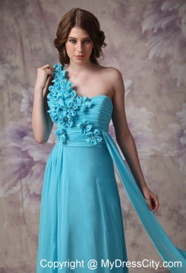 Romantic Blue Empire One Shoulder Ruched Flower Prom Dress