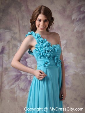 Romantic Blue Empire One Shoulder Ruched Flower Prom Dress