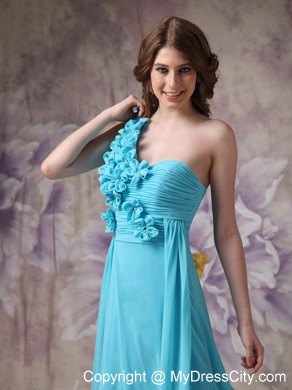 Romantic Blue Empire One Shoulder Ruched Flower Prom Dress