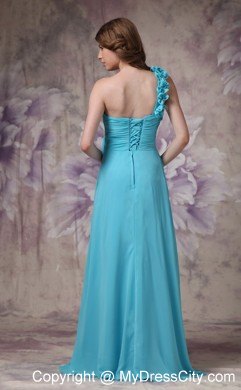 Romantic Blue Empire One Shoulder Ruched Flower Prom Dress