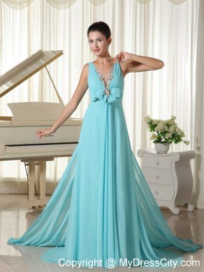 Sexy Blue V-neck Beading Prom Pageant Dress with Brush Train