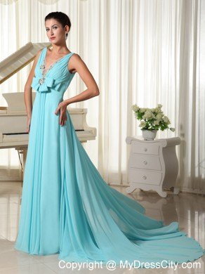 Sexy Blue V-neck Beading Prom Pageant Dress with Brush Train