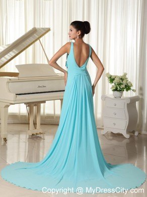 Sexy Blue V-neck Beading Prom Pageant Dress with Brush Train