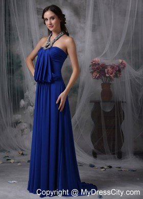 Classical Long Royal Blue Halter Chiffon Beaded Pageant Dress