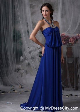 Classical Long Royal Blue Halter Chiffon Beaded Pageant Dress