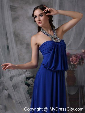 Classical Long Royal Blue Halter Chiffon Beaded Pageant Dress