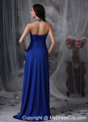 Classical Long Royal Blue Halter Chiffon Beaded Pageant Dress