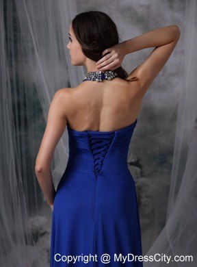 Classical Long Royal Blue Halter Chiffon Beaded Pageant Dress